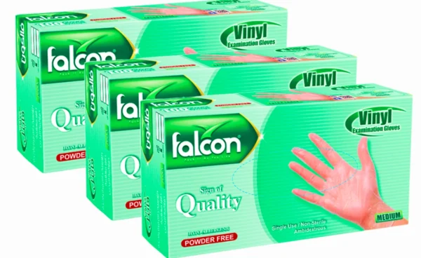 Falcon Vinyl Powder Free Gloves Size Medium 100 Pieces 3 Packet