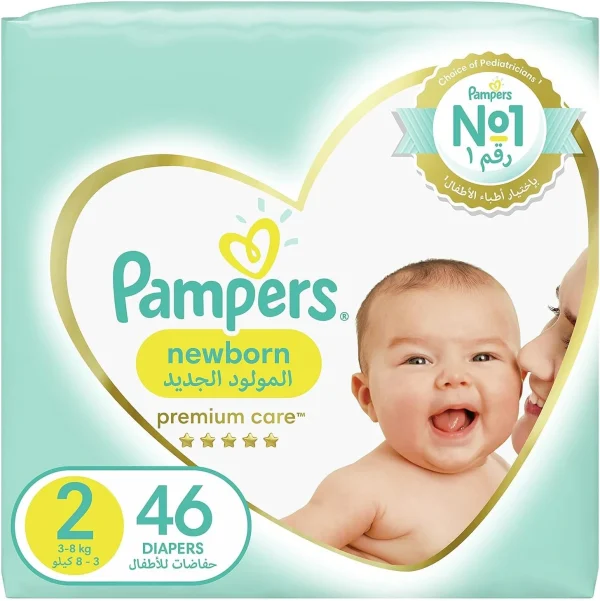 Pampers Premium Care Newborn Taped Diapers, Size 2, 3-8kg, Unique Softest Absorption for Ultimate Skin Protection 46 Count