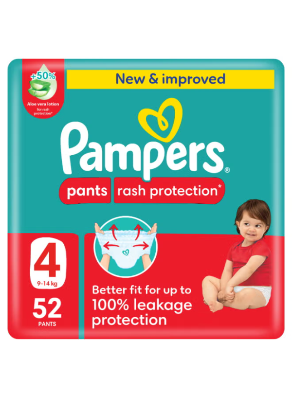 Pampers Rash Protection Pants Diapers, Size 4, 9-14kg, +50% Aloe Vera Lotion, 360° Leak-Free Fit for up to 100% Leakage Protection, Giant Pack, 52 Count