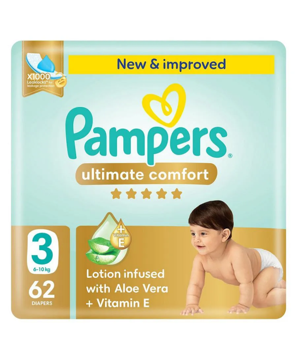 Pampers Ultimate Comfort Taped Diapers, Size 3, 6-10kg, Lotion infused with Aloe Vera and Vitamin E, x1000 Leak Locks Technology for Leakage Protection, Giant Pack, 62 Count