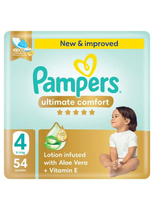 Pampers Ultimate Comfort Taped Diapers, Size 4, 9-14kg, Lotion infused with Aloe Vera and Vitamin E, x1000 Leak Locks Technology for Leakage Protection, Giant Pack, 54PC