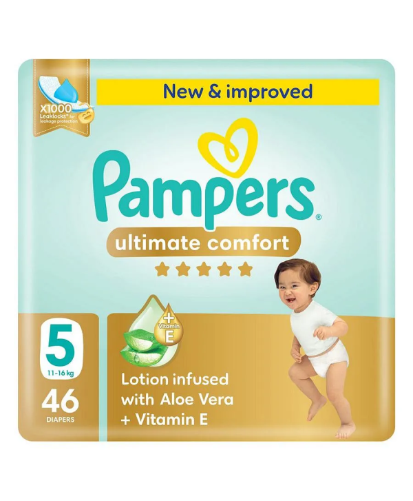 Pampers Ultimate Comfort Taped Diapers, Size 5, 11-16kg, Lotion infused with Aloe Vera and Vitamin E, x1000 Leak Locks Technology for Leakage Protection, Giant Pack, 46 Count